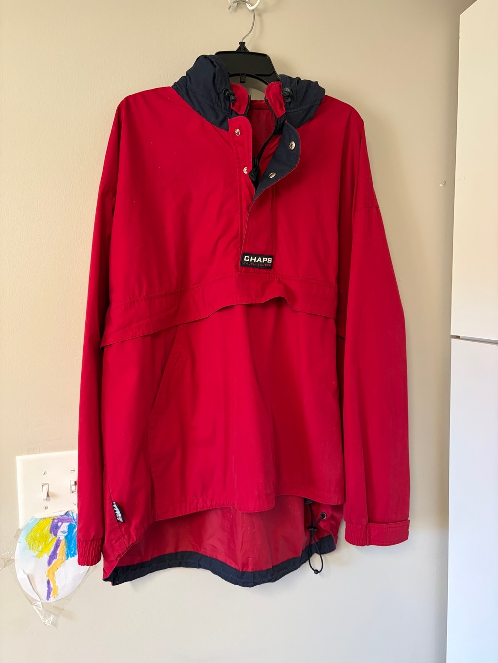 Chaps Red Pullover Anorak with Navy Hood and Trim